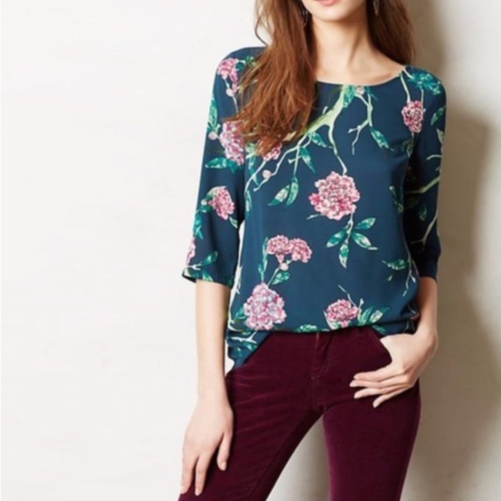 Anthropologie HD in Paris Floral Teal Blouse Size 4